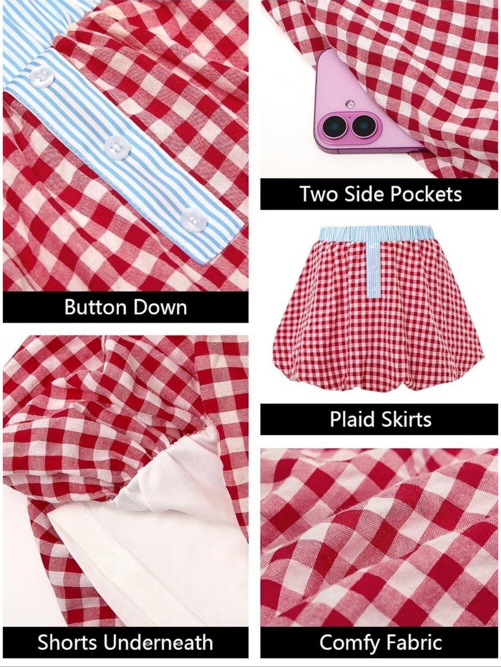 Gingham Bubble Mini Skort Red & White Size S - Picture 3 of 13